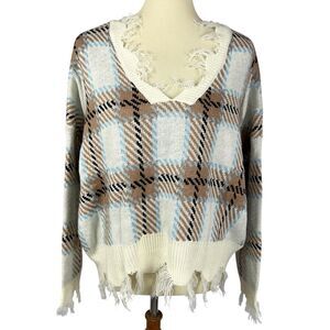 NEW Just Polly Junior Plaid Distressed V-Neck Fringe Boxy Pullover Sweater Large